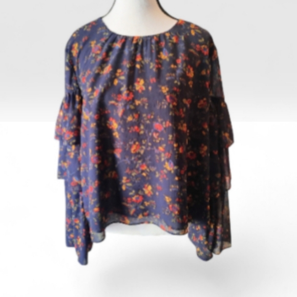Floral Ruffle Bell-Sleeve Blouse - Navy Floral - Picture 2 of 16